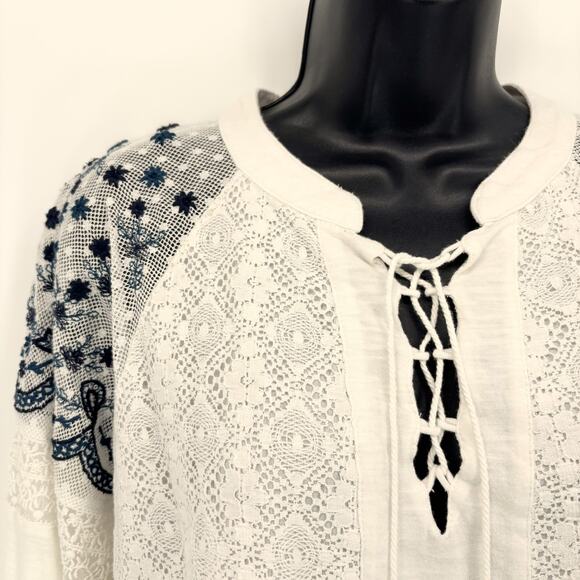 Lucky Brand Embroidered Top M Long Sleeve Shirt Blouse Lace Boho Hippie Peasant - Picture 2 of 7